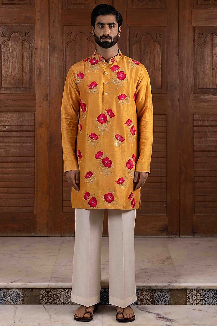 Yellow Tussar Silk Floral Thread Embroidered Kurta Set by NAFS