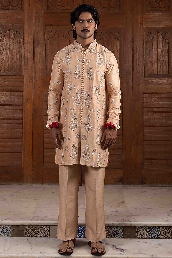 Peach Tussar Silk Zardosi Embroidered Kurta Set by NAFS