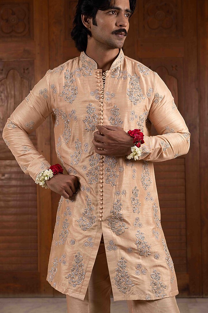 Peach Tussar Silk Zardosi Embroidered Kurta Set by NAFS at Pernia's Pop Up Shop