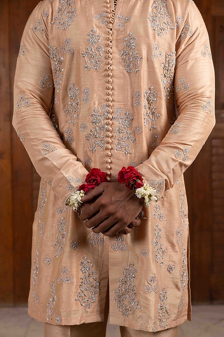 Peach Tussar Silk Zardosi Embroidered Kurta Set by NAFS at Pernia's Pop Up Shop