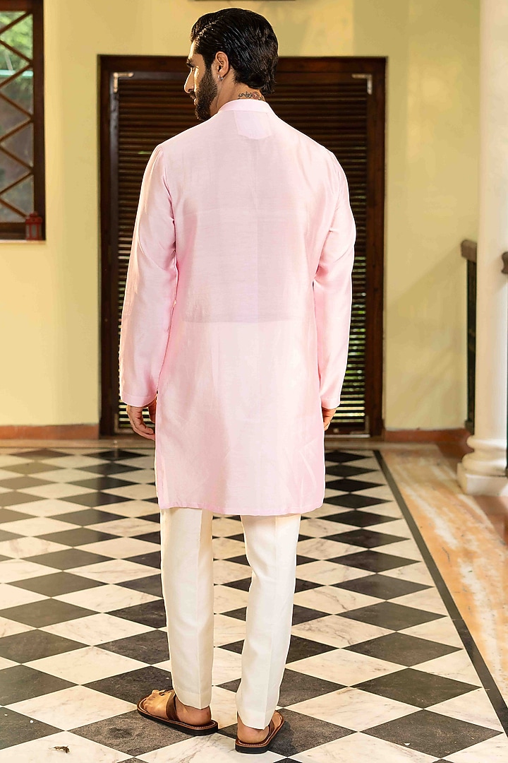 Bubble Gum Pink Chanderi Floral Kasab Embroidered Kurta Set by NAFS at Pernia's Pop Up Shop