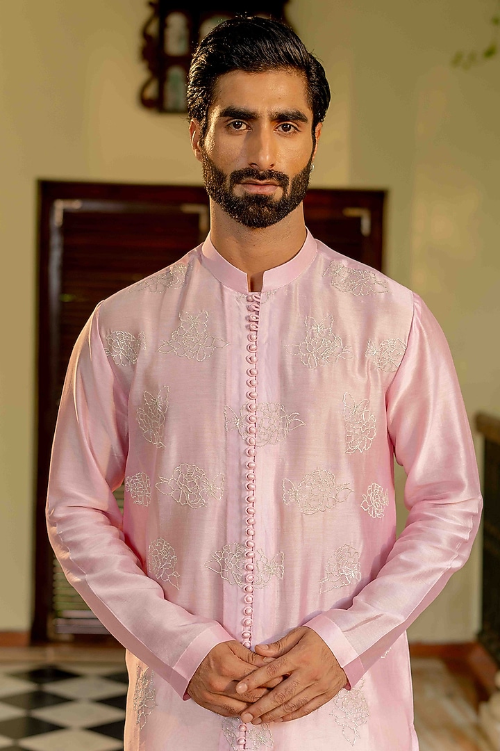 Bubble Gum Pink Chanderi Floral Kasab Embroidered Kurta Set by NAFS at Pernia's Pop Up Shop