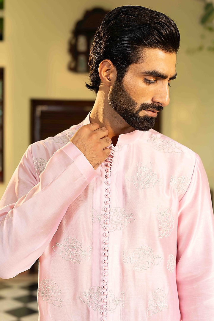 Bubble Gum Pink Chanderi Floral Kasab Embroidered Kurta Set by NAFS at Pernia's Pop Up Shop