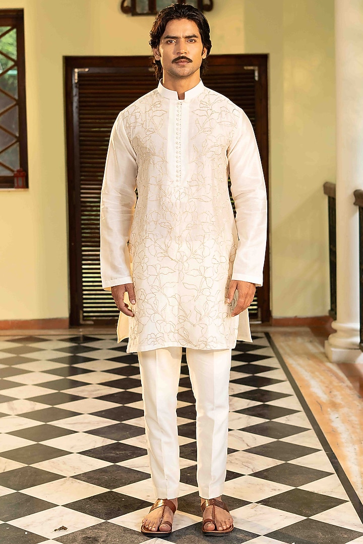 Ivory Chanderi Floral Kasab Embroidered Kurta Set by NAFS
