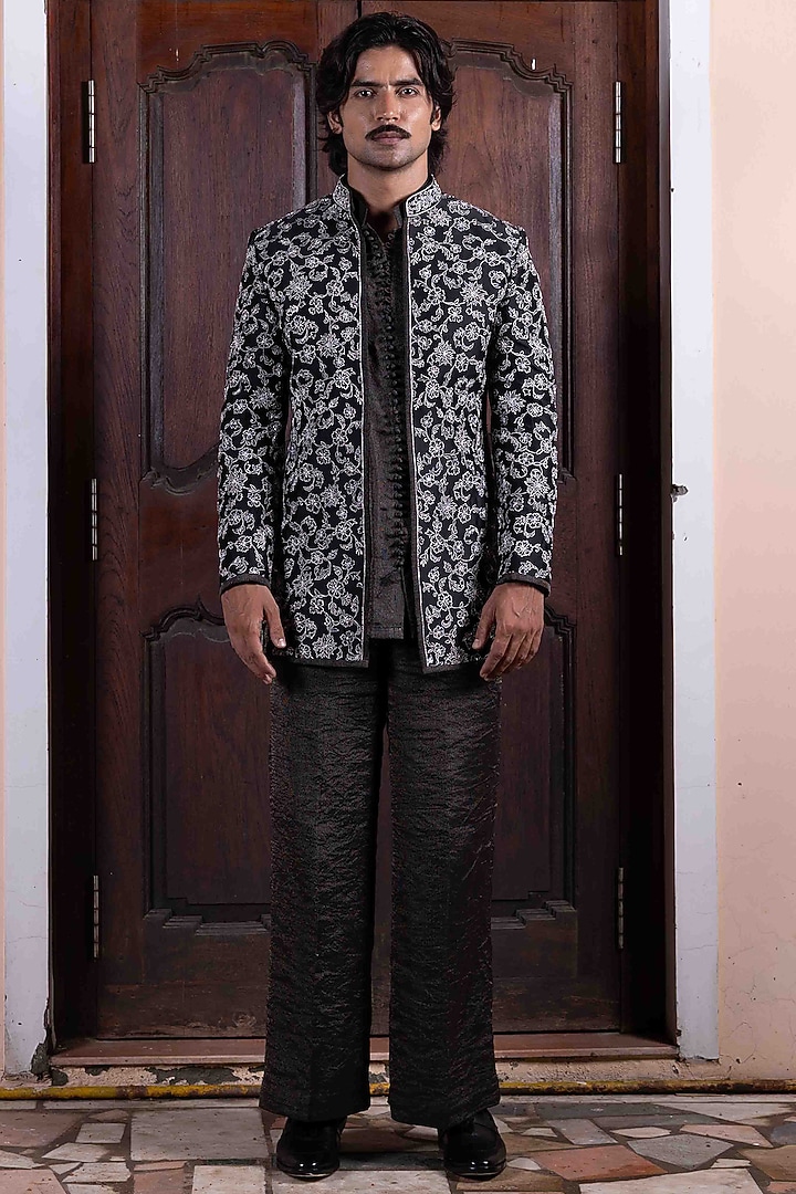 Black Tussar Silk Zardosi Jaal Work Jacket Set by NAFS