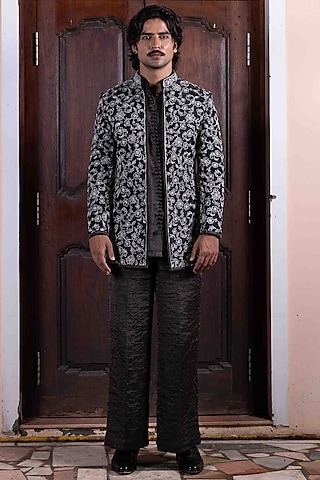 Black Tussar Silk Zardosi Jaal Work Jacket Set by NAFS
