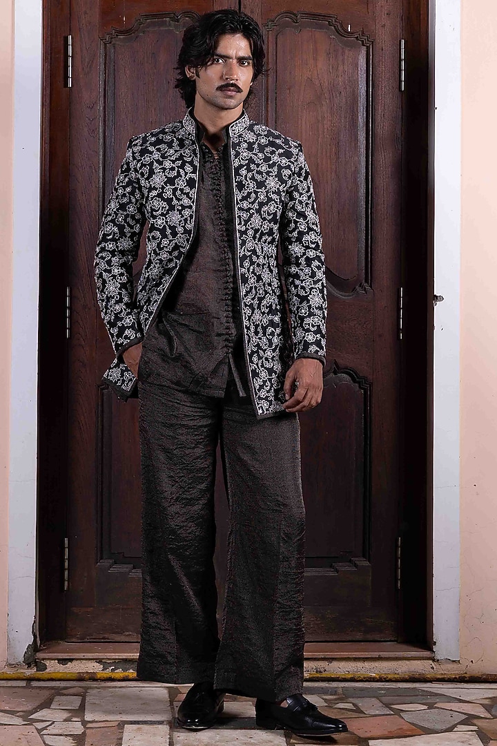 Black Tussar Silk Zardosi Jaal Work Jacket Set by NAFS at Pernia's Pop Up Shop
