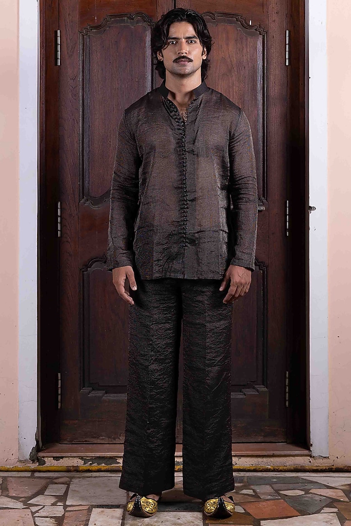 Black Tussar Silk Zardosi Jaal Work Jacket Set by NAFS at Pernia's Pop Up Shop