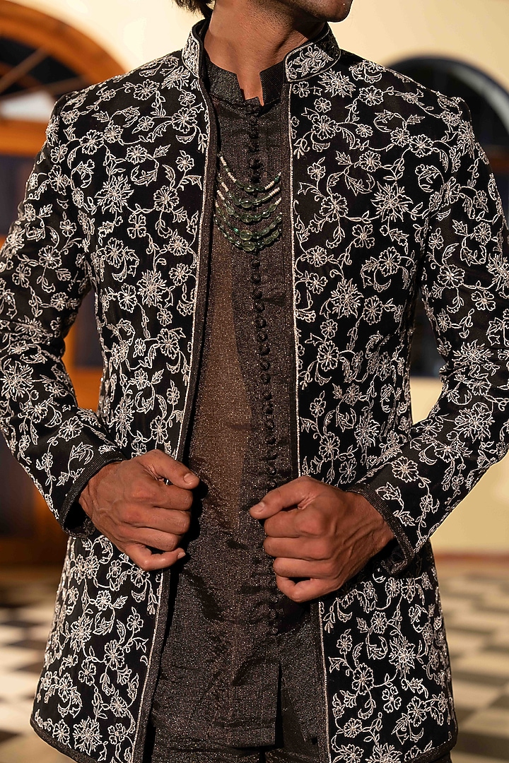 Black Tussar Silk Zardosi Jaal Work Jacket Set by NAFS at Pernia's Pop Up Shop