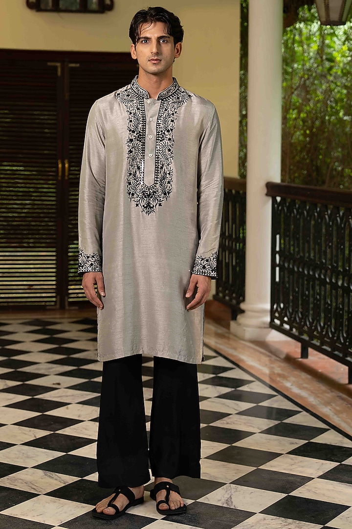 Slate Grey Tussar Silk Mirror Work Kurta Set by NAFS