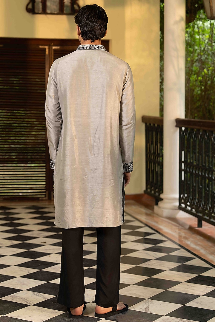 Slate Grey Tussar Silk Mirror Work Kurta Set by NAFS at Pernia's Pop Up Shop