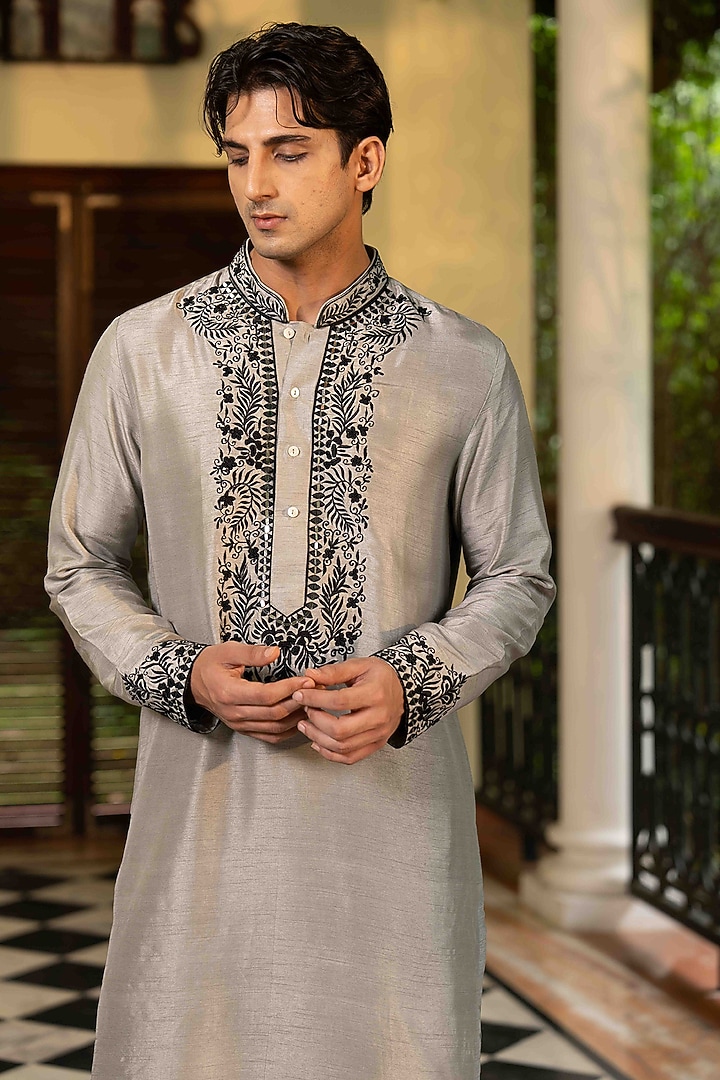 Slate Grey Tussar Silk Mirror Work Kurta Set by NAFS at Pernia's Pop Up Shop