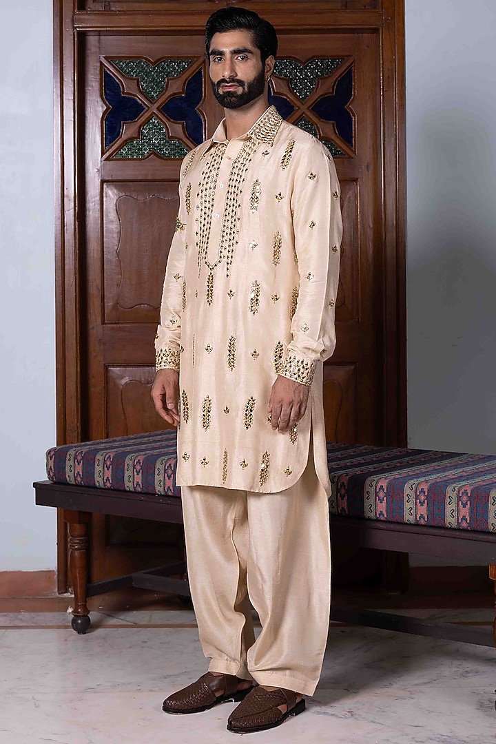Sand Beige Tussar Silk Mirror Work Kurta Set by NAFS