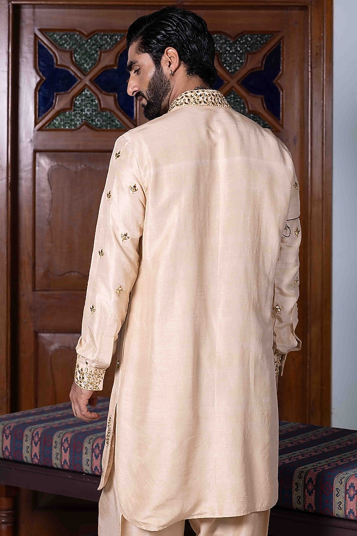 Sand Beige Tussar Silk Mirror Work Kurta Set by NAFS at Pernia's Pop Up Shop