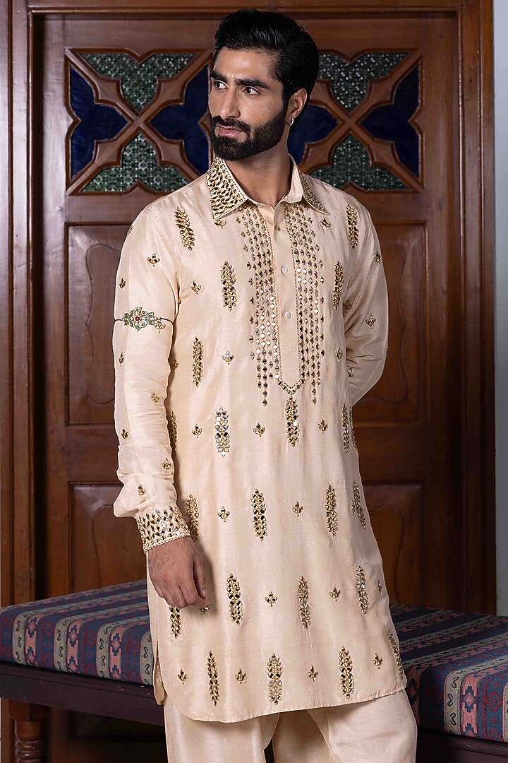 Sand Beige Tussar Silk Mirror Work Kurta Set by NAFS at Pernia's Pop Up Shop