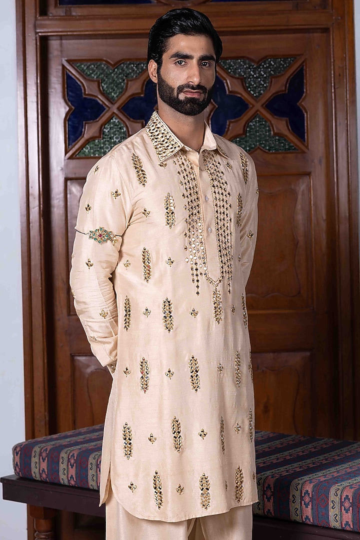 Sand Beige Tussar Silk Mirror Work Kurta Set by NAFS at Pernia's Pop Up Shop