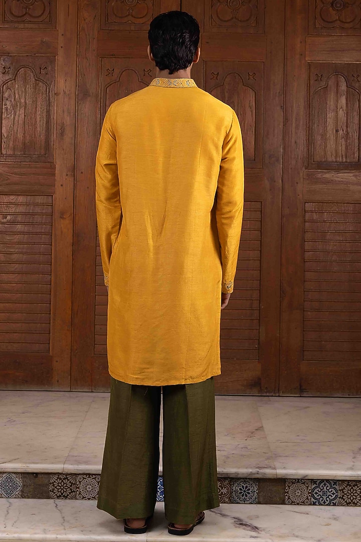Amber Yellow Tussar Silk Thread Embroidered Kurta Set by NAFS at Pernia's Pop Up Shop