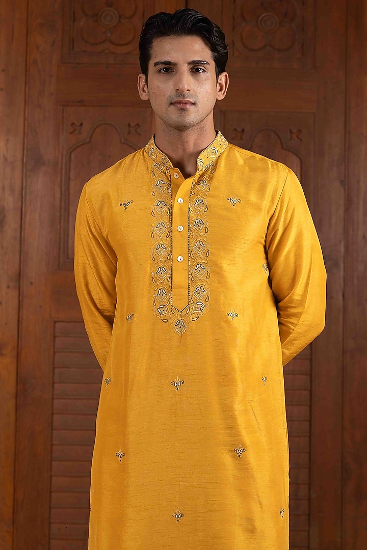 Amber Yellow Tussar Silk Thread Embroidered Kurta Set by NAFS at Pernia's Pop Up Shop