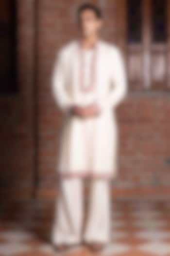 Ivory Tussar Silk Thread Work Kurta Set by NAFS