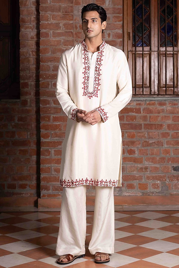 Ivory Tussar Silk Thread Work Kurta Set by NAFS