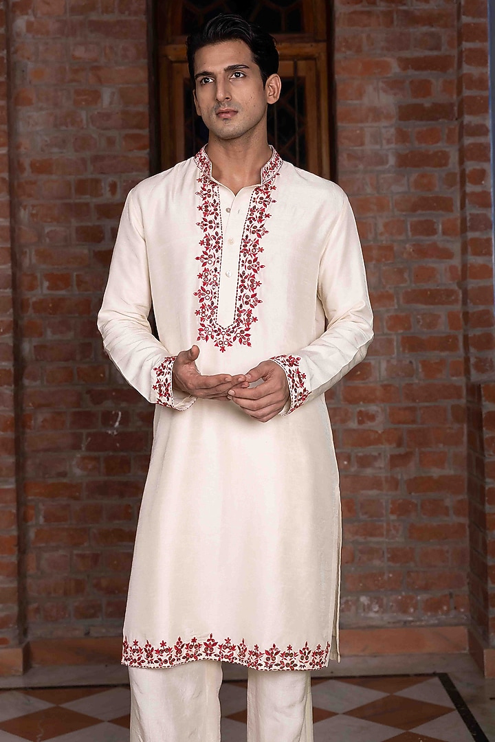 Ivory Tussar Silk Thread Work Kurta Set by NAFS at Pernia's Pop Up Shop