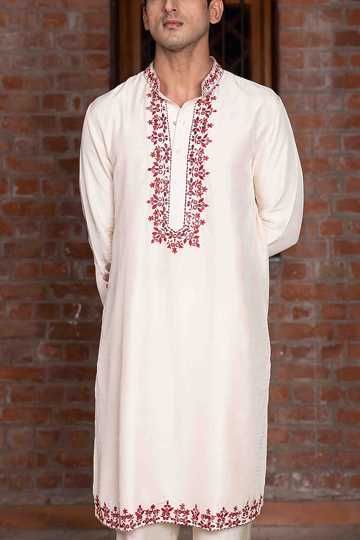 Ivory Tussar Silk Thread Work Kurta Set by NAFS at Pernia's Pop Up Shop