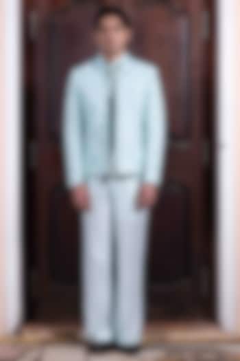 Sky Blue Tussar Silk Mirror Dori Work Jacket Set by NAFS