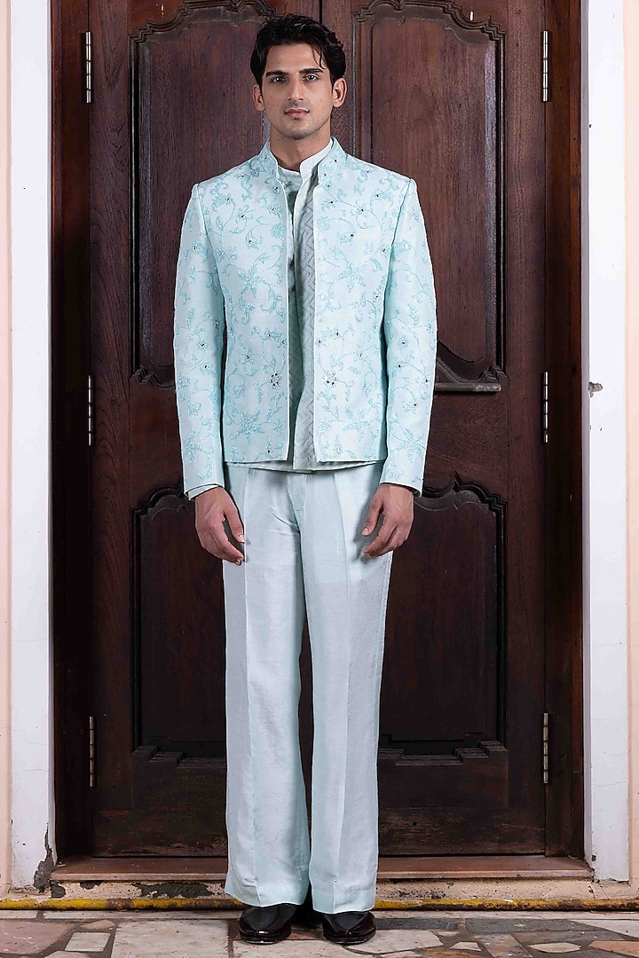 Sky Blue Tussar Silk Mirror Dori Work Jacket Set by NAFS