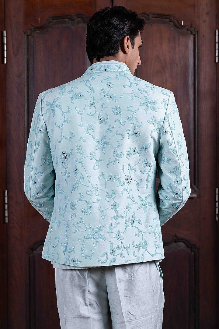 Sky Blue Tussar Silk Mirror Dori Work Jacket Set by NAFS at Pernia's Pop Up Shop