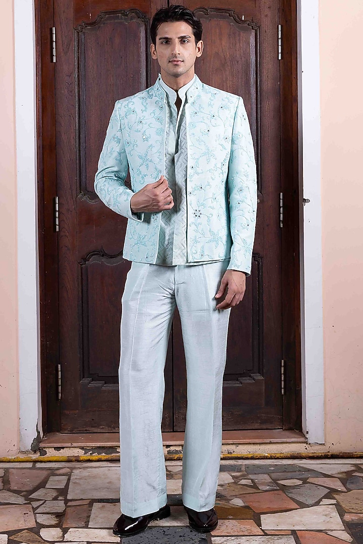 Sky Blue Tussar Silk Mirror Dori Work Jacket Set by NAFS at Pernia's Pop Up Shop