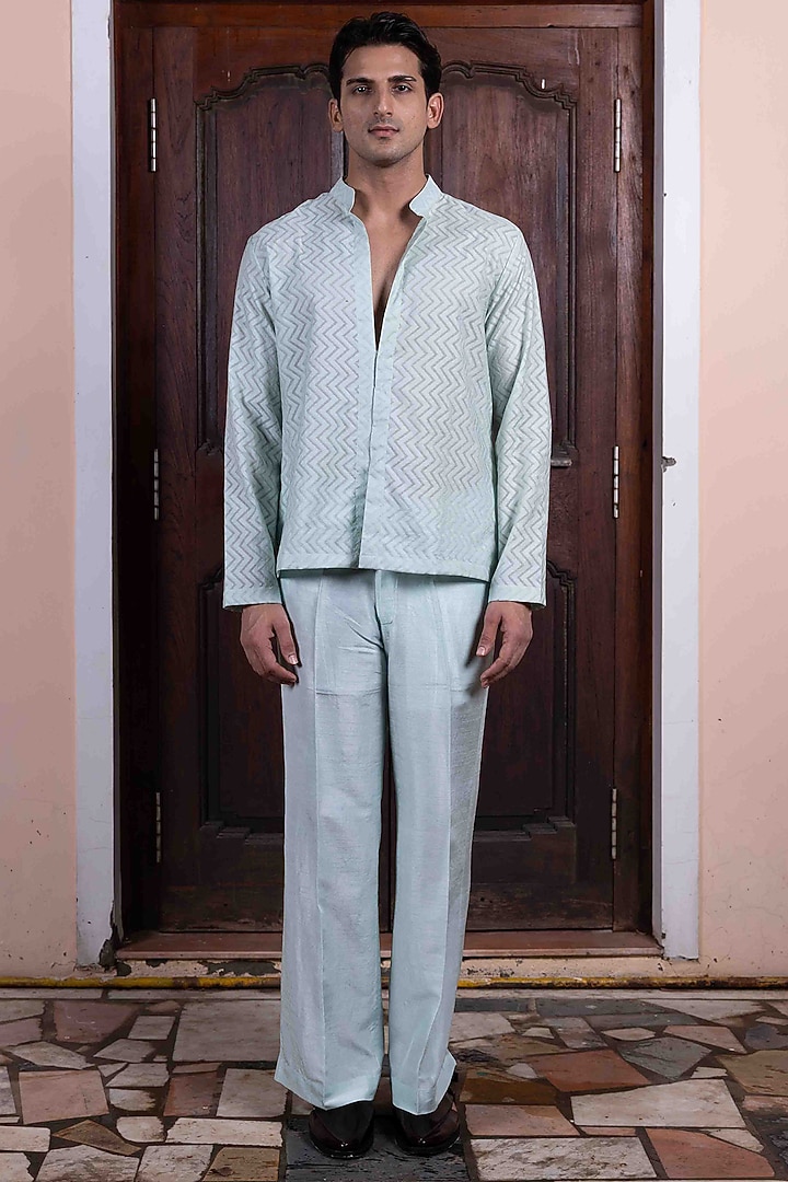Sky Blue Tussar Silk Mirror Dori Work Jacket Set by NAFS at Pernia's Pop Up Shop