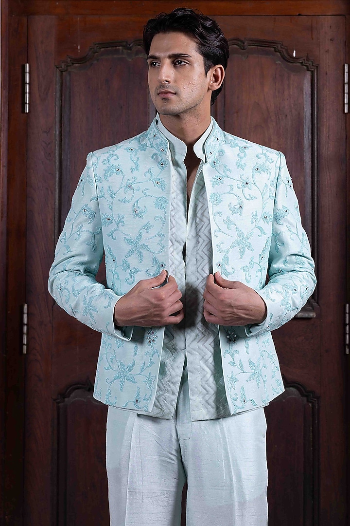 Sky Blue Tussar Silk Mirror Dori Work Jacket Set by NAFS at Pernia's Pop Up Shop