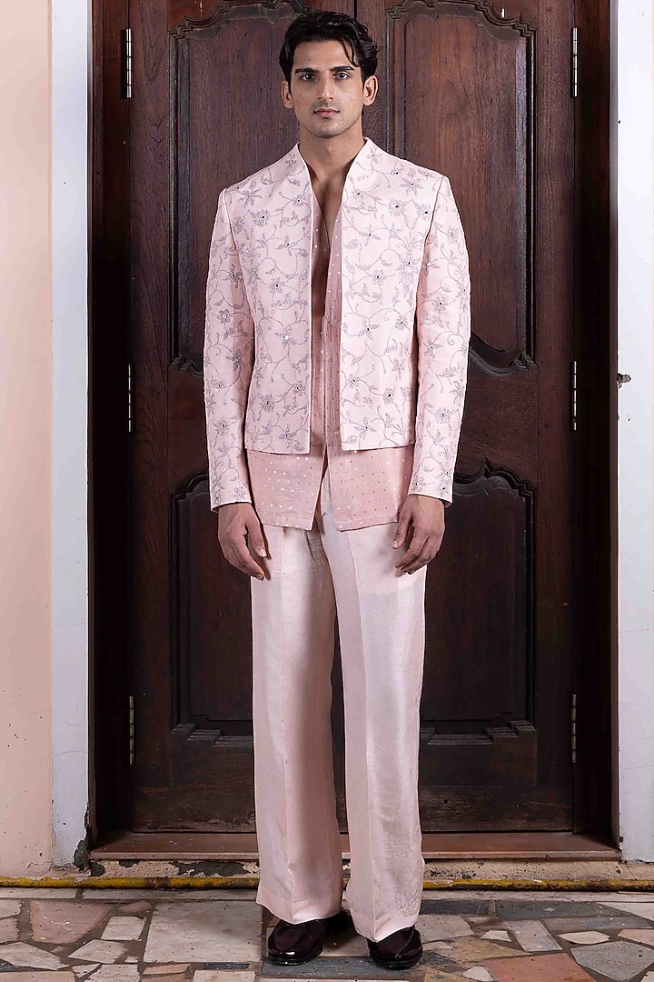 Salmon Pink Tussar Silk Mirror Dori Work Jacket Set by NAFS
