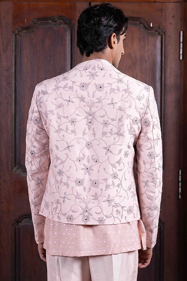 Salmon Pink Tussar Silk Mirror Dori Work Jacket Set by NAFS at Pernia's Pop Up Shop