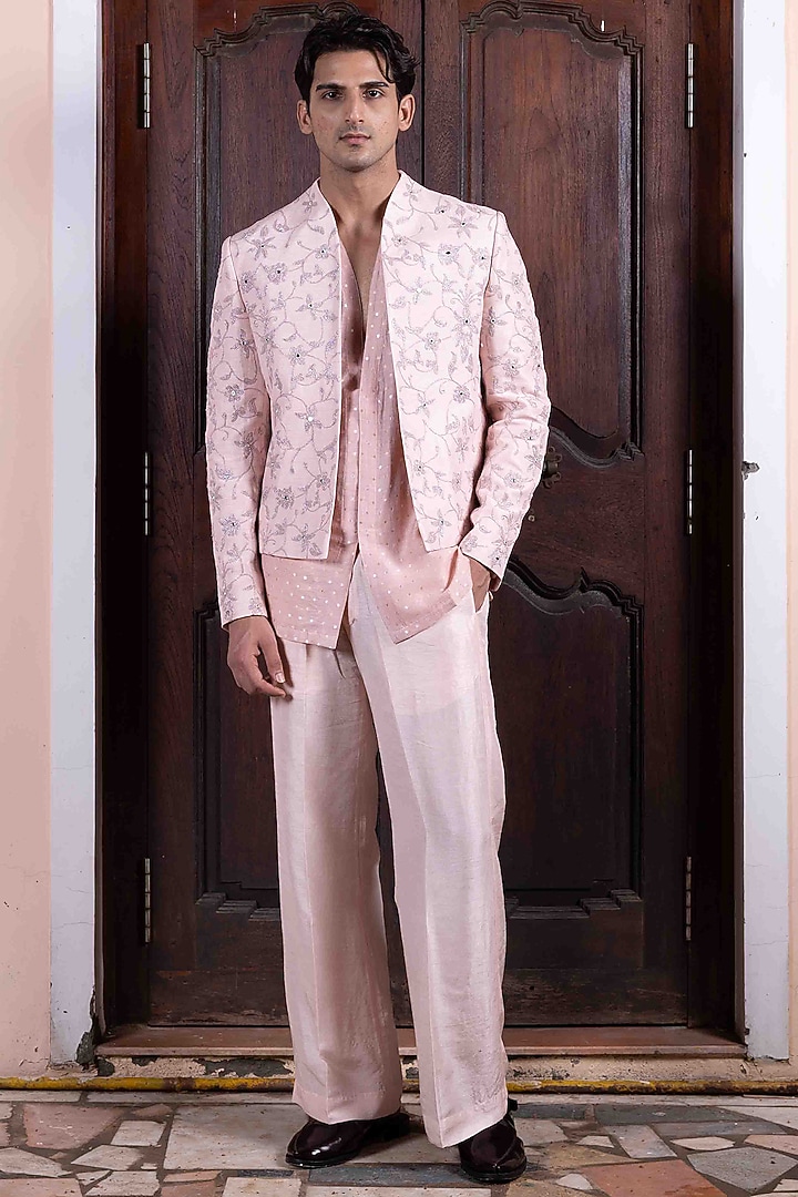 Salmon Pink Tussar Silk Mirror Dori Work Jacket Set by NAFS at Pernia's Pop Up Shop