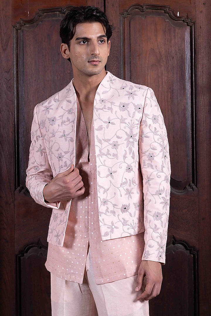 Salmon Pink Tussar Silk Mirror Dori Work Jacket Set by NAFS at Pernia's Pop Up Shop