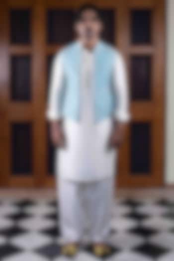 Ferozi Blue Tussar Silk Jaal Work Bundi Jacket Set by NAFS