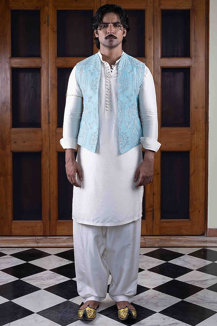 Ferozi Blue Tussar Silk Jaal Work Bundi Jacket Set by NAFS