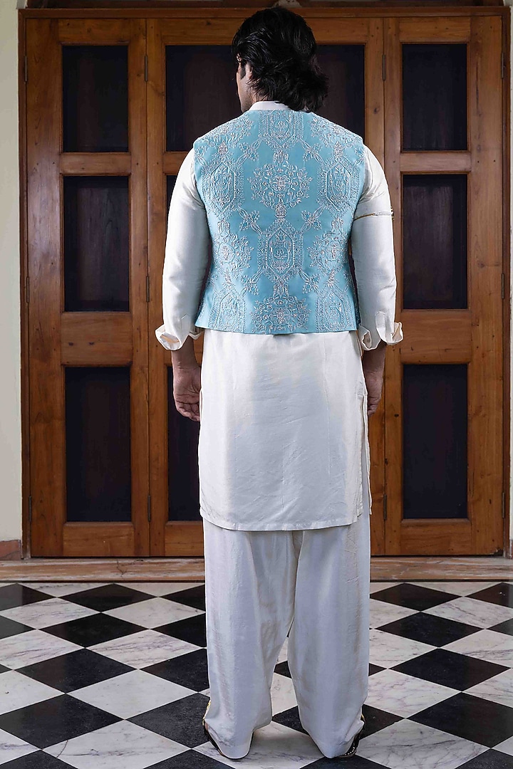 Ferozi Blue Tussar Silk Jaal Work Bundi Jacket Set by NAFS at Pernia's Pop Up Shop