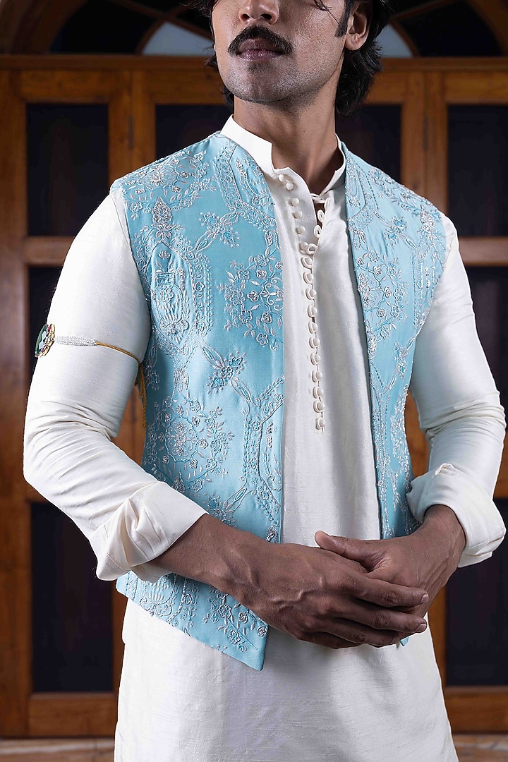 Ferozi Blue Tussar Silk Jaal Work Bundi Jacket Set by NAFS at Pernia's Pop Up Shop