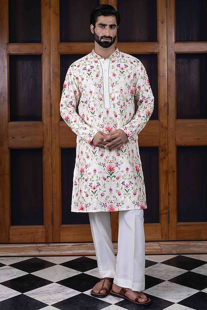 Ivory Tussar Silk Floral Jaal Resham Work Kurta Set by NAFS at Pernia's Pop Up Shop