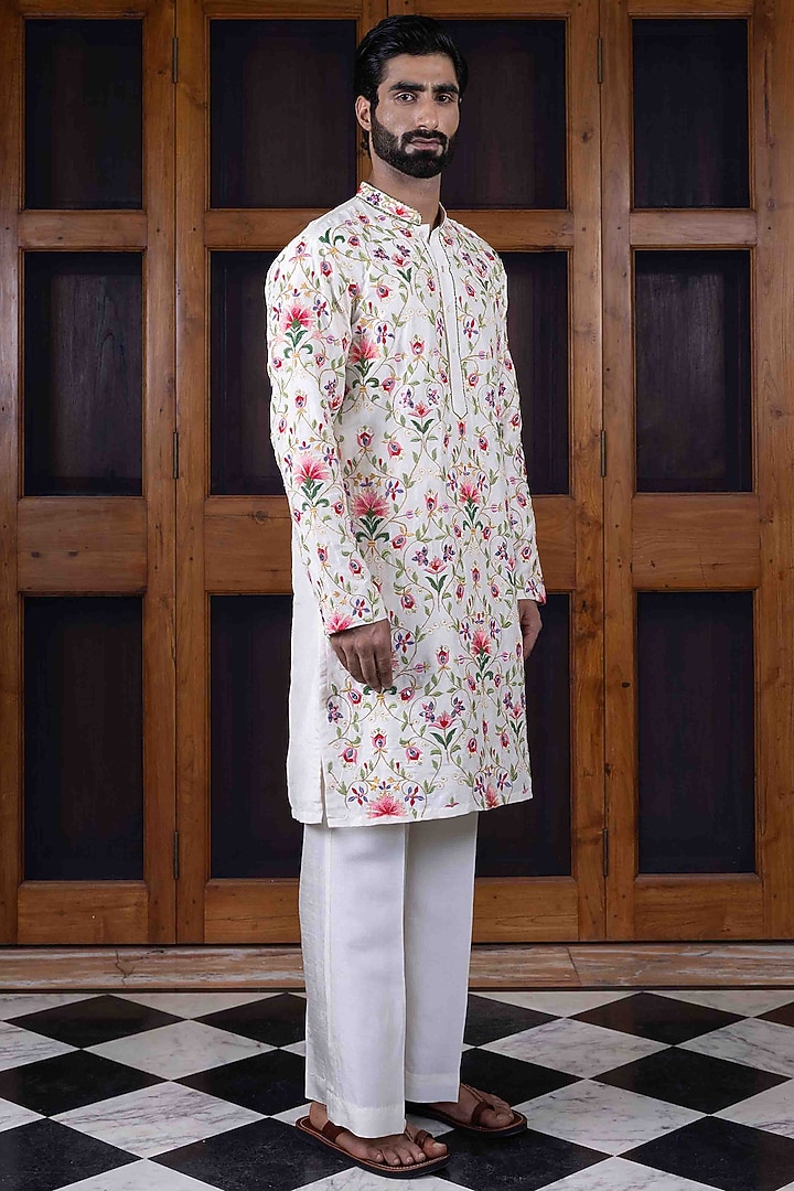Ivory Tussar Silk Floral Jaal Resham Work Kurta Set by NAFS at Pernia's Pop Up Shop