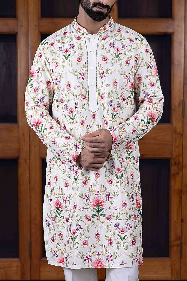 Ivory Tussar Silk Floral Jaal Resham Work Kurta Set by NAFS at Pernia's Pop Up Shop