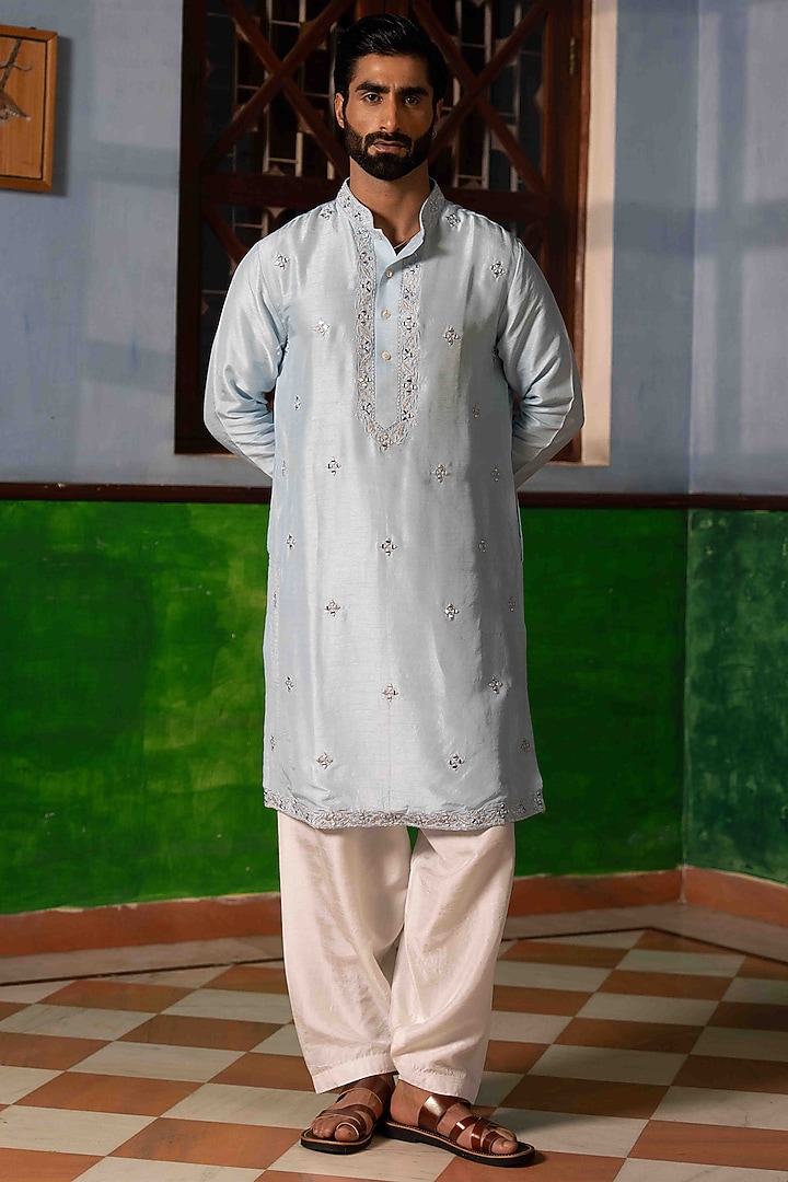 Sky Blue Tussar Silk Mirror Work Kurta Set by NAFS