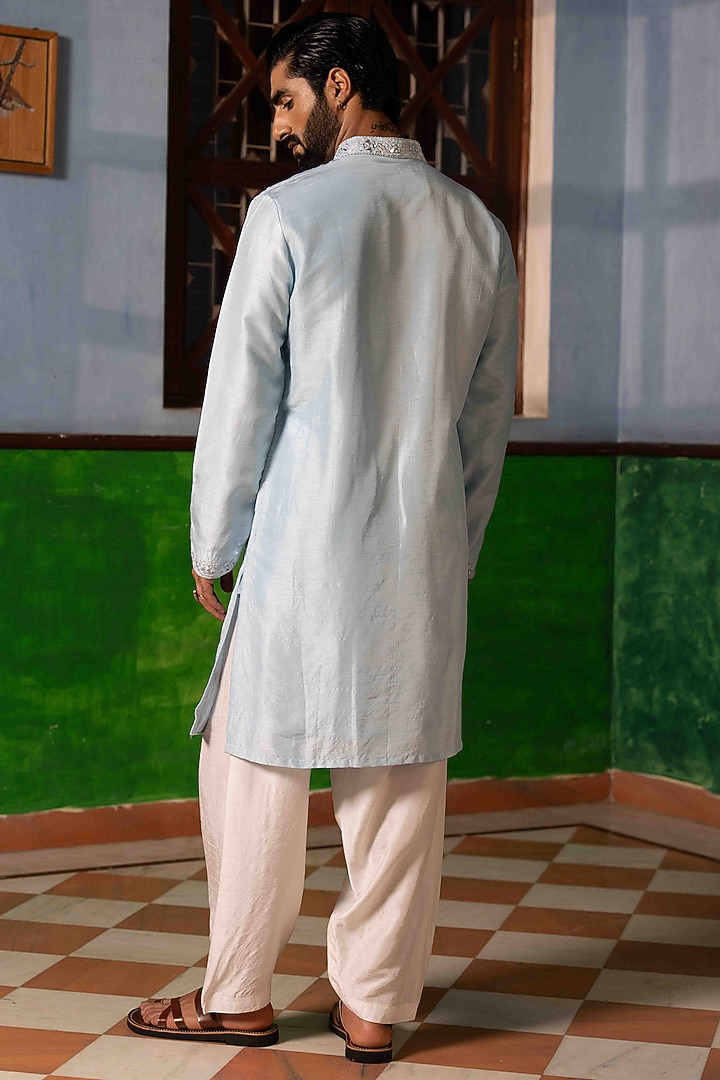 Sky Blue Tussar Silk Mirror Work Kurta Set by NAFS at Pernia's Pop Up Shop