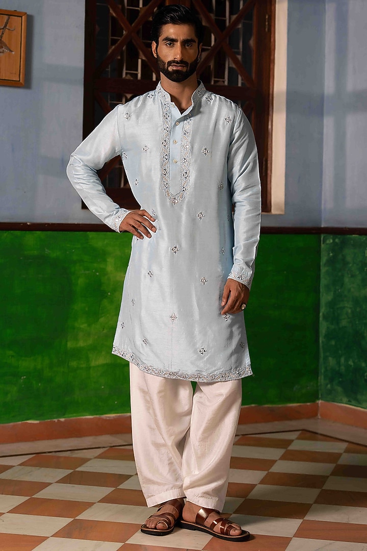 Sky Blue Tussar Silk Mirror Work Kurta Set by NAFS at Pernia's Pop Up Shop