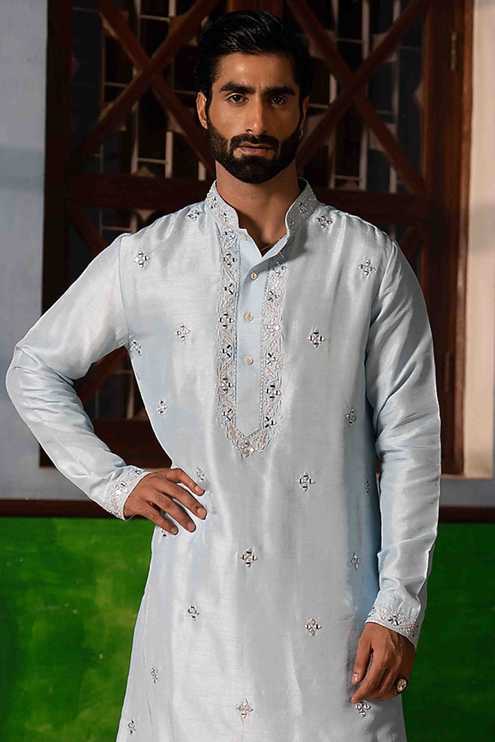 Sky Blue Tussar Silk Mirror Work Kurta Set by NAFS at Pernia's Pop Up Shop