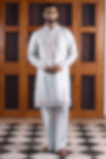 Light Steel Blue Tussar Silk Mirror Work Kurta Set by NAFS