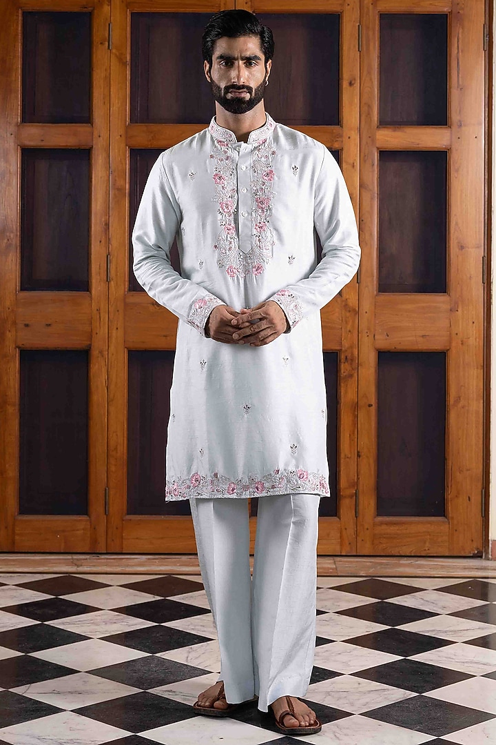 Light Steel Blue Tussar Silk Mirror Work Kurta Set by NAFS