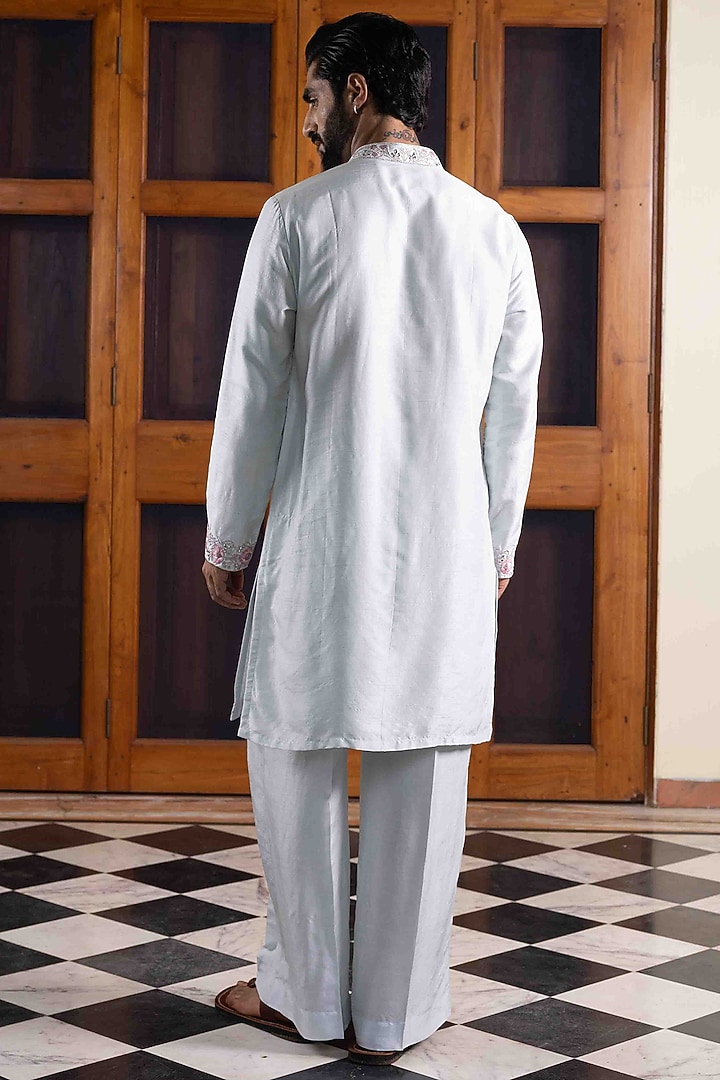 Light Steel Blue Tussar Silk Mirror Work Kurta Set by NAFS at Pernia's Pop Up Shop